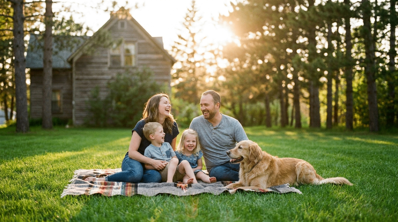 Smiling family with a golden retriever relaxing on a blanket in a healthy green yard at golden hour