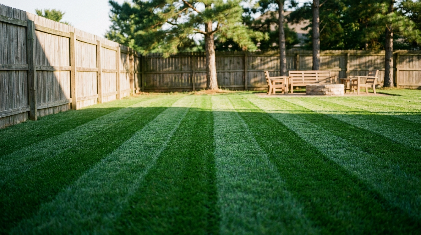 Freshly striped backyard lawn with a wooden privacy fence and patio bench in warm sunlight