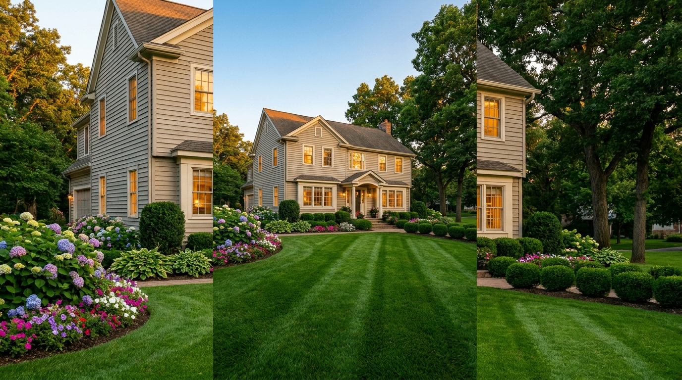 Centered view of a two-story home with a striped front lawn leading to the front entry at golden hour