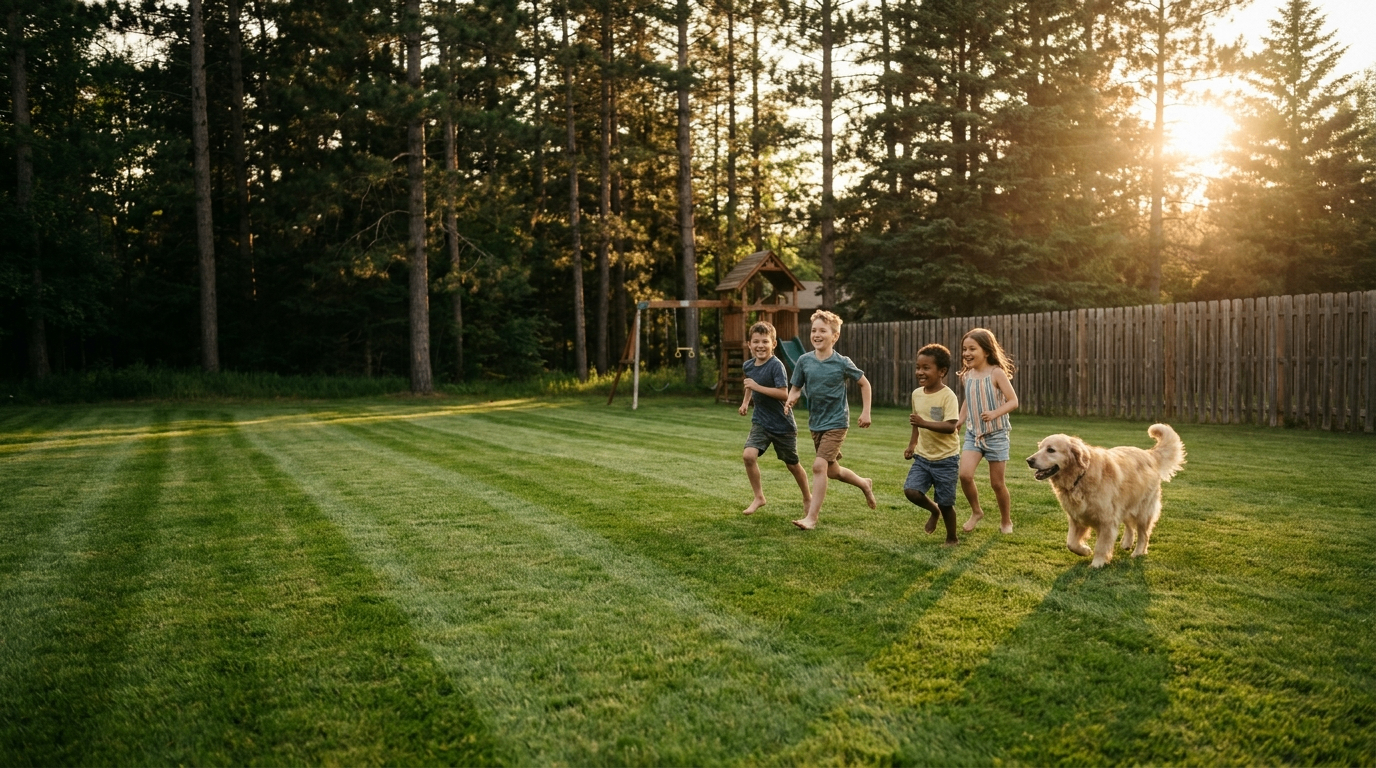 Kids and a golden retriever running across a striped backyard lawn at golden hour in Duluth, Minnesota