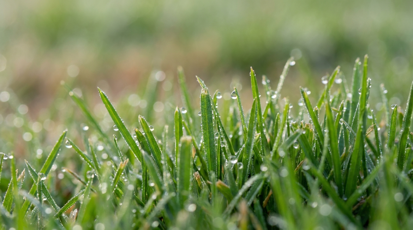 Close-up of green grass blades with sparkling morning dew
