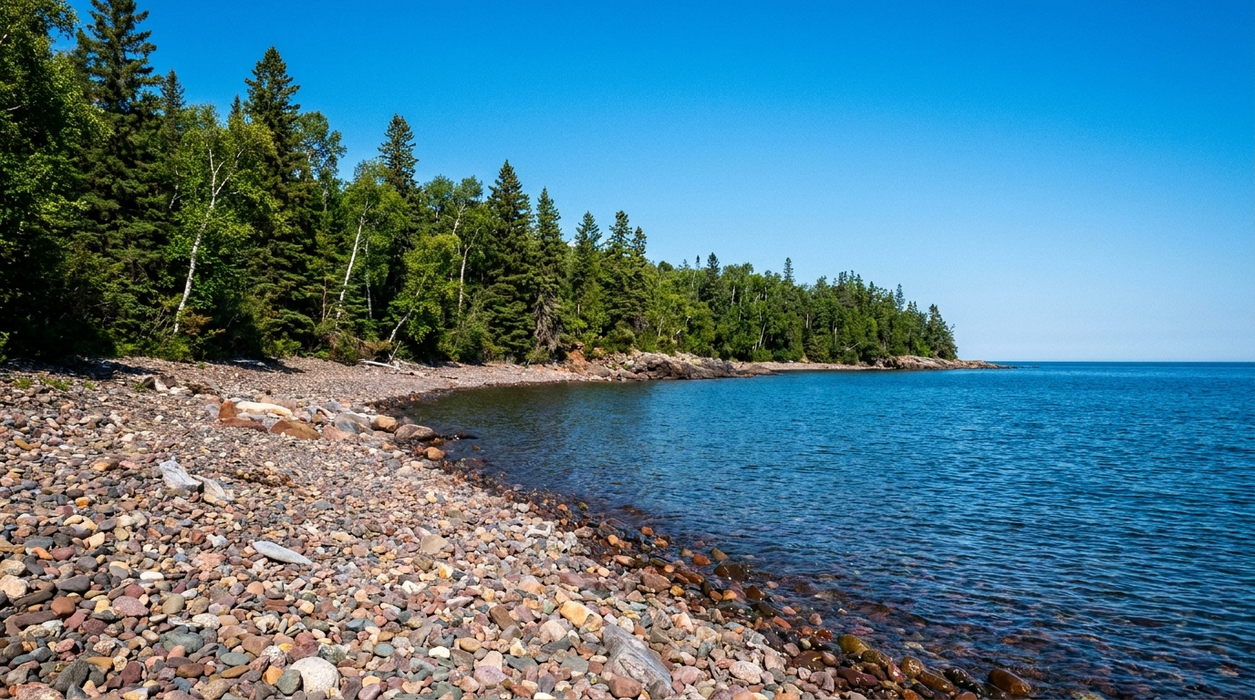 Rocky Lake Superior shoreline lined with pines under a clear blue sky